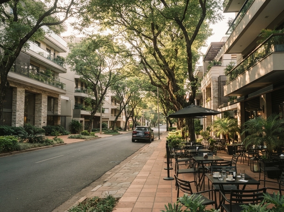 Rua arborizada com cafés e edifícios modernos em bairro residencial de Assunção, Paraguai